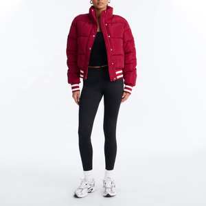 <b>Women</b> Winter Red Quilted Varsity <b>Jacket</b> Stand Collar Full Sleeve Thick Polyester Wadding Solid Color Zipper Short Puffer <b>Jacket</b> - Product Image 4