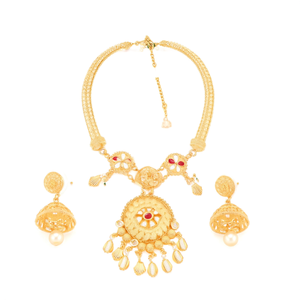 Premium Gold Plated Geometric Imitation <b>Pearl</b> and Stone <b>Necklace</b> Earring <b>Set</b> - Product Image 2