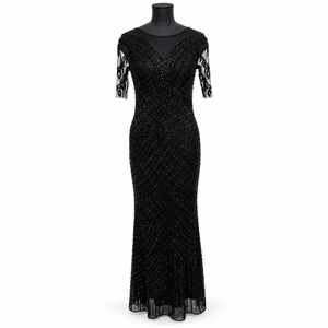 Vestido de noche negro con cuentas |   Vestido de Fiesta con Cuello en V, Manga 3/4, Adorno Diagonal y Espalda en V Profunda para Eventos Formales - Product Image 1