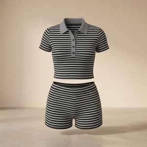 Women's Striped 2-Piece <b>Shorts</b> Set <b>Short</b> <b>Sleeve</b> Polo <b>Top</b> Turtleneck Button Closure Casual Spring Summer Wear Waterproof Quick - Product Image 3