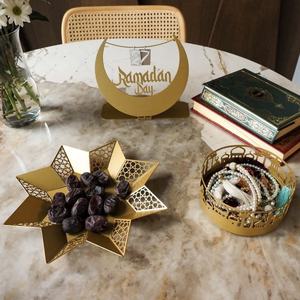 Gold Star-Shaped Metal <b>Storage</b> Tray With Geometric Cutouts For Dates And Decorative Items <b>Table</b> Top Display Oriental Design - Product Image 1