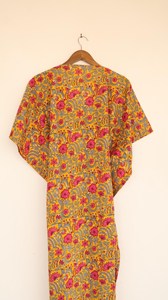 Vestido Kaftán Largo Naranja con Estampado de Bloques para Mujer, Corte Holgado, 100% Algodón, Ropa de Resort, Vestido Holgado y Cómodo - Product Image 3