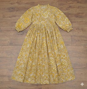 Bohemian Yellow Floral Block Print Cotton Midi <b>Dress</b> With Puff Sleeve <b>Loose</b> Fit V-Neck Summer <b>Dress</b> For Women - Product Image 5