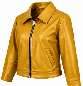 Chaqueta de Cuero Genuino Amarillo Mostaza para Mujer, Estilo Motociclista, Cuello Camisero, Cierre de Cremallera, Manga Larga, Chaqueta Corta - Product Image 3