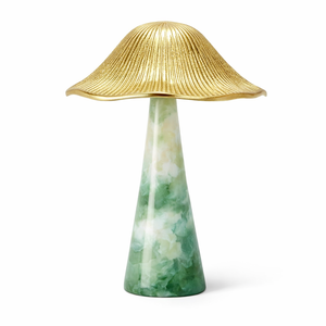 Decoración de Mesa con Forma de Hongo de Mármol Verde y Amarillo con Tapa Dorada de Resina y Aluminio, Elegante Adorno para Decoración Moderna del Hogar - Product Image 1