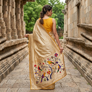 Beige <b>Tissue</b> Silk Saree Rich Zari Woven Design | Traditional Indian <b>Wedding</b> Diwali Prom Wear Floor-Length Designer Saree for - Product Image 2