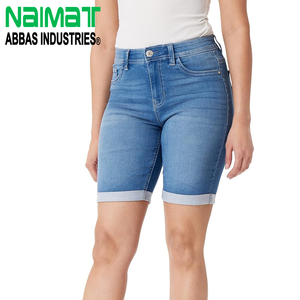 Womens High Rise Blue Denim Bermuda Shorts with Rolled Cuffed Hem Slim Fit Stretchy Cotton Blend Summer Fashion Jean Shorts - Product Image 1