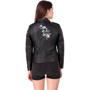 Chaqueta de Cuero para Mujer |   Chaqueta Estilo Motero Ajustada, Bordada y Tejida, Colores y Logotipo Personalizables, Servicio OEM al por Mayor - Product Image 2