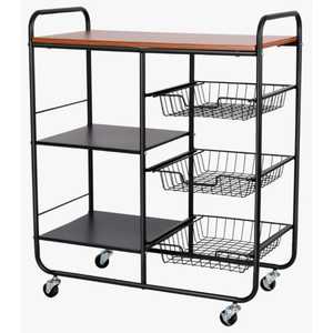 Skies Trader 3 Tier Black Metal Mesh Rolling Cart Wooden Top Board <b>Pull</b> Out Basket Storage <b>Trolley</b> Mobile Kitchen Shelf Stand - Product Image 1
