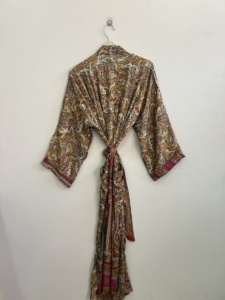 Robe kimono en soie imprimée pour femmes, col en V, faite à la main - Product Image 6