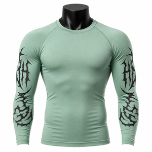 <b>Men's</b> Full Sleeve Compression Rash Guard Green Black Tribal Print Quick Dry UPF50+ Breathable <b>Swim</b> Shirt Adult Surf <b>Top</b> - Product Image 1