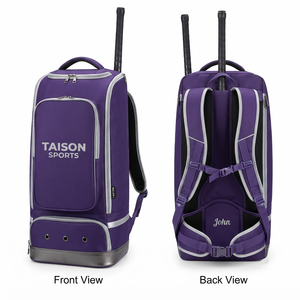 Sac de hockey sur gazon TAISON SPORTS PU 300 GSM 600D 30-40L, design à panneaux gris et violet, logo personnalisé - Product Image 1