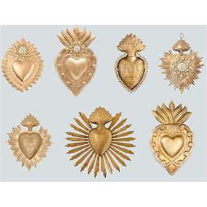 Antique Gold Sacred Heart <b>Wall</b> Art Crown Rose Accent Brass Flaming Sunburst Plaque Mexican Folk Art <b>Decor</b> - Product Image 4