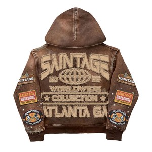 Vintage Wash Rhinestone Patch Men's Winter <b>Hoodie</b> <b>Brown</b> <b>Zip</b>-Up Streetwear Distressed Eco-Friendly Breathable 350 GSM Cotton - Product Image 2