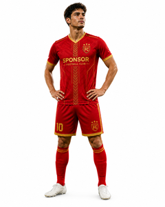 Equipación de Fútbol Elite en Rojo y Dorado, Conjunto de Camiseta y Pantalones Cortos de Alto Rendimiento con Diseño Moderno y Ajuste Cómodo - Product Image 2