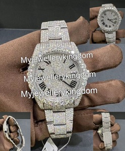 Montre en or blanc style Audemars avec lunette entièrement sertie de diamants VVS, boîtier en acier inoxydable, étanche 10 bars, cadran romain - Product Image 4