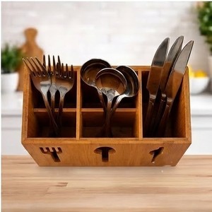Eco-Friendly Mango Wood Utensil Holder 3 Compartment Rectangle Minimalist <b>Kitchen</b> <b>Storage</b> <b>Box</b> for Fork Spoon Knife Tableware - Product Image 2