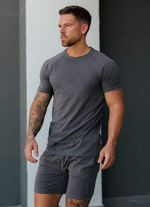 Camiseta deportiva de manga corta para hombre, color gris carbón, gris oscuro, corte ajustado, manga raglán, para entrenamiento y gimnasio. - Product Image 6