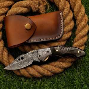Damascus Steel Folding Pocket <b>Knife</b> – Stag Horn <b>Bone</b> <b>Handle</b>, Damascus Bolster Brass Pin on <b>handle</b> with Leather Sheath - Product Image 3