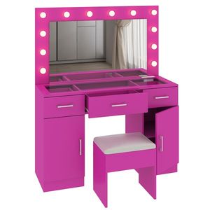 Tavolo da toeletta in legno con 3 cassetti e 2 armadietti, ampio piano in vetro illuminato e presa di corrente - Product Image 3