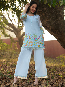 Conjunto de Kurti Bordado de Manga Larga para Mujer, Atuendo Floral Transpirable de Tela Mul Chanderi para Eid, Ramadán, Fiestas y Bodas - Product Image 2