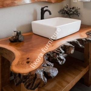 Luxury Handcrafted Modern Live Edge Solid Wood Eco-Friendly Durable Bathroom Vanity Polished Finish Matching <b>Mirror</b> Frame <b>Set</b> - Product Image 3
