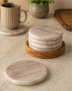 Luxury Eco-Friendly Durable White Marble Coaster Set Acacia Wood Holder Handmade Stone Drink Coasters Table Protection Decor - Product Image 3