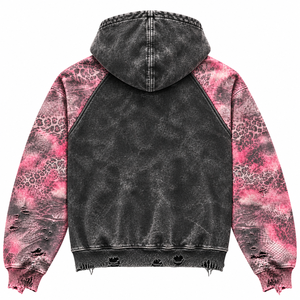 Unisex Oversized Hooded Zip-Up <b>Sweatshirt</b> Raglan Sleeve Leopard Print <b>Pink</b> Black Distressed Streetwear Autumn Wear - Product Image 2