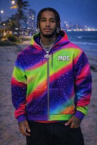 Sweat à capuche personnalisé tendance avec strass, 100 % coton, pour homme, zippé, tie-dye, épais, veste arc-en-ciel personnalisée avec strass - Product Image 4