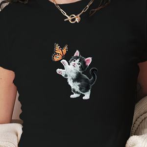 เสื้อยืดสั้นแฟชั่นผู้หญิงลายลูกแมวถึงผีเสื้อ - Product Image 3