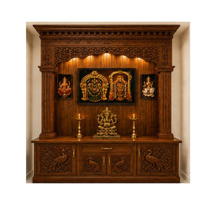 Traditional Gujarati Style Pooja <b>Mandir</b> Hand Carved Solid Teak Wood Temple with Peacock Carving Pooja Temple for Prayer Room USA - Product Image 1