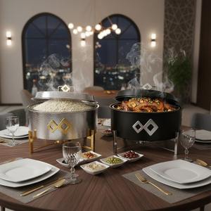 Plat de service de luxe en acier inoxydable pour buffet, chauffe-plats pour mariage, style Moyen-Orient, rond, avec support à tige - Product Image 2