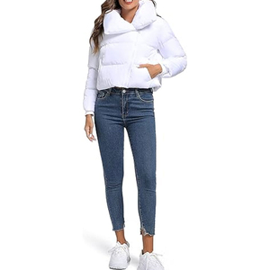 Women's White Waterproof Knitted <b>Quilted</b> Bomber Jacket Hooded Collar Full Sleeve Standard Polyester <b>Wadding</b> Windproof Short - Product Image 4