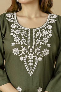 <b>Women's</b> Olive Green Cotton <b>Kurta</b> With White Embroidery 3/4 Sleeve Traditional Casual Wear Midi Length Regular Fit - Product Image 6