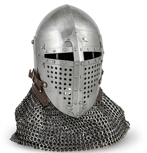 Medieval Antique Knight Helmet with Chainmail Mild Steel Handcrafted Armor Adjustable Leather Strap Historical Reenactment - Product Image 1