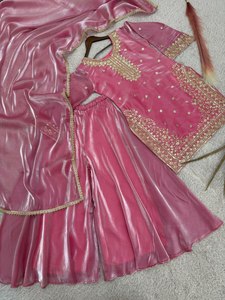 SIE Present Bollywood <b>Inspired</b> Hand Crafted Pure Silk Fabric Semi Stitch Material Salwar Kameez With Dupatta Set For Eid Month - Product Image 6