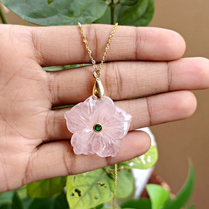 Crystal healing jewelry natural rose quartz <b>with</b> emerald zircon floral carved pendant necklace 18k gold plated designer necklace - Product Image 2