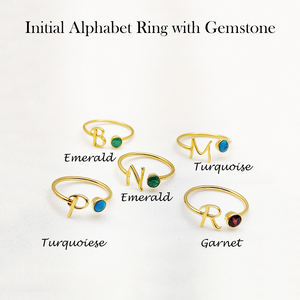 Anillo de Plata de Ley 925 con Inicial del Alfabeto y Piedra Preciosa Natural |   Anillo con Letra Personalizada en el Bisel |   Joyería de Boda Personalizada - Product Image 3