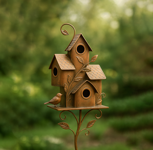 เสาตกแต่งสวนรูปบ้านนกโลหะพร้อมใบไม้ประดับ - Product Image 1