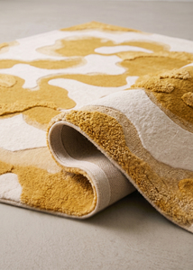 Tapis abstrait en laine moutarde ivoire, écologique, antidérapant, tufté à la main, motif fluide organique, texture sculptée, luxe - Product Image 6