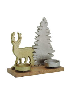 Porte-bougie en aluminium en forme de renne doré et d'arbre de Noël argenté sur base en bois - Décoration de table festive pour les fêtes, centre de table de Noël - Product Image 1