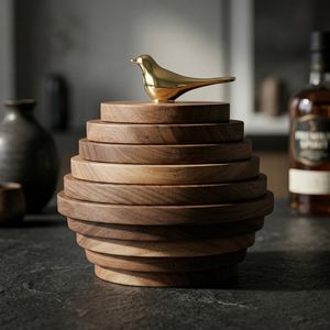 Handcrafted Brown Acacia Magnetic Stacking Coasters | Quiet Luxury Sculptural <b>Desk</b> Decor | Japandi Functional Art Executive Gift - Product Image 1