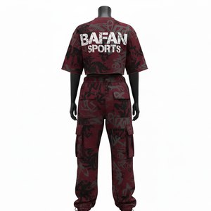 Premium 320 GSM Cotton Polyester Fleece Crop T Shirt And Cargo Pant Set <b>Maroon</b> All Over Print Custom Logo Women set - Product Image 6
