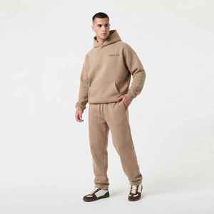 Ensemble de survêtement décontracté pour homme, couleur unie beige, avec capuche, coupe ample, coton, pantalon et sweat-shirt à cordon de serrage et poches - Product Image 1