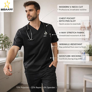 เสื้อสครับคอวีสำหรับผู้ชาย |   ผ้าสี่ทิศทางยืดได้ ป้องกันรอยยับ ทนต่อการซีดจาง |   เสื้อสครับผ้าฝ้ายตุรกีสำหรับบุคลากรทางการแพทย์ - Product Image 4