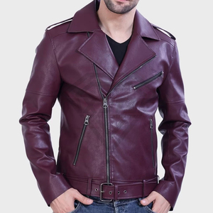 Premium Custom <b>Maroon</b> Leather Biker Jacket Mens Slim Fit Faux PU Leather Moto <b>Coat</b> Fashion Streetwear Outerwear Manufacturer - Product Image 1