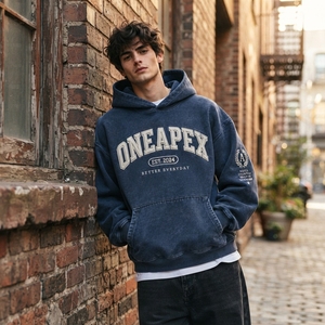 Herren Blauer Gewaschener Vintage-Hoodie Übergroßer Pullover Sweatshirt Grafik-Streetwear Fleece-Kapuzenpullover Maßgefertigte OEM-Kleidung - Product Image 6
