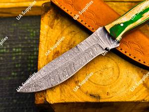 Cuchillo de caza de hoja fija de acero de Damasco hecho a mano para exteriores con mango de madera Pakka personalizado y colorido, y funda de transporte de cuero OEM - Product Image 6
