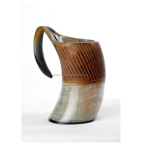 High Quality Customizable Logo 700ml Coffee <b>Mug</b> Natural Viking Horn Design <b>with</b> Wooden Base for Travel Drinkware - Product Image 1