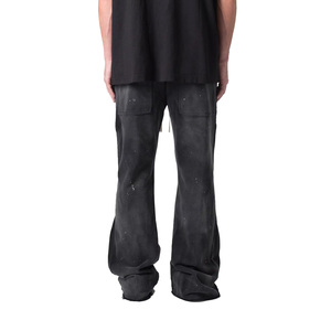 Pantalon de survêtement en velours côtelé noir pour homme, taille élastique avec cordon de serrage, poches latérales, fermeture éclair, coupe évasée, décontracté, effet usé, jambe ouverte - Product Image 2